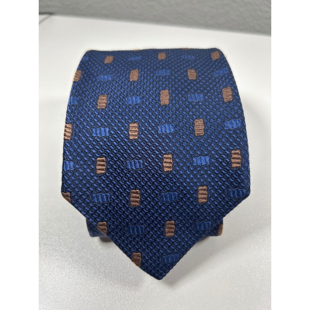 Luciano Barbera Mens Silk Tie Blue Brown Geometric Pattern Made in Italy Navy